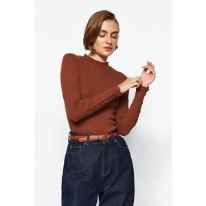 Trendyol Brown Buttoned Ribbed Stand Collar Fitted Cotton Stretch Knitted Blouse
