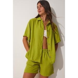 Happiness İstanbul Women's Oil Green Linen Surface Shorts Shirt Suit