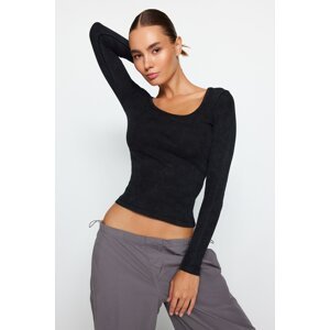 Trendyol Anthracite Antique/Faded Effect Ribbed Pool Neck Fitted Cotton Knitted Blouse
