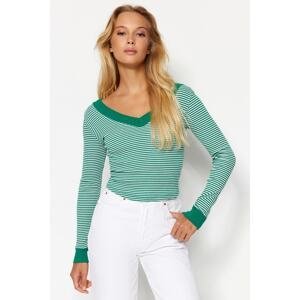 Trendyol Green Striped V-Neck Fitted Long Sleeve Ribbed Stretchy Knitted Blouse