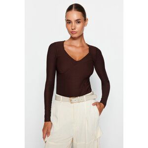 Trendyol Brown Ottoman Slim Stitching Detailed V-Neck Flexible Knitted Blouse