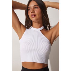 Happiness İstanbul Women's White One-Shoulder Crop Knitwear Blouse