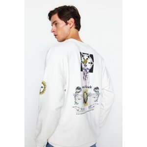 Trendyol Men's Ecru Oversize/Wide-Fit Crew Neck Space Print Cotton Sweatshirt.