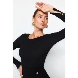 Trendyol Black Boat Neck Ribbed Flexible Regular Fit Long Sleeve Button Detailed Knitted Blouse