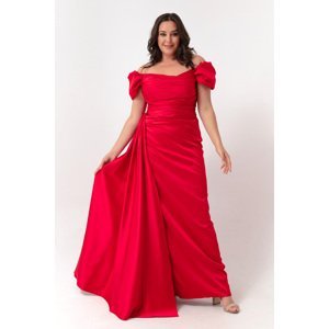 Lafaba Women's Red Boat Neck Train Long Satin Evening Dress & Prom Dress