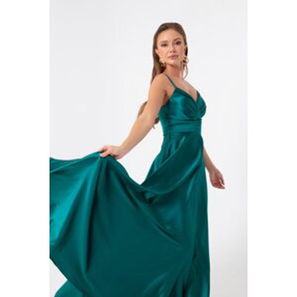 Lafaba Dámske smaragdovo zelené dlhé saténové večerné šaty & plesové šaty s niťovými ramienkami a bedrovým pásom