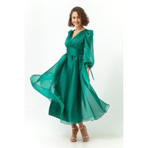 Lafaba Dámske smaragdovo zelené balónové rukávy Midi večerné šaty s výstrihom do V.