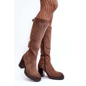 Women's chunky high-heeled boots, warm dark beige Alzeta