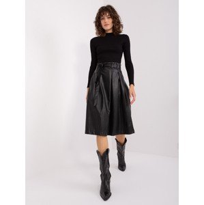 Black eco-leather midi skirt with belt