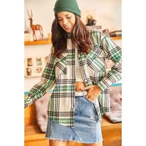 Olalook Women's Grass Green Colored Plaid Double Pocket Oversized Lumberjack Shirt
