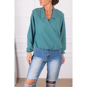 armonika Women's Turquoise Double Breasted Collar Blouse With Elastic Sleeves And Waist