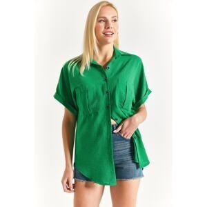 armonika Women's Green Linen Shirt with Double Pocket Detail with a yoke at the back