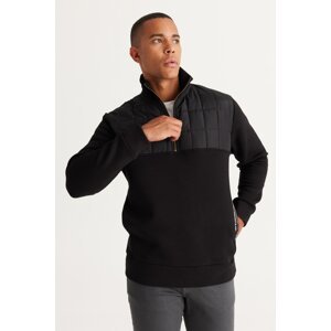 AC&Co / Altınyıldız Classics Men's Black Standard Fit Normal Cut Inside Fleece 3 Thread Stand-Up Bato Collar Patterned Cotton Sweatshirt