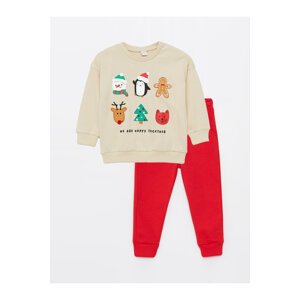 LC Waikiki Crew Neck New Year Themed Long Sleeve Baby Boy Sweatshirt and Tracksuit Bottom 2-Piece Set