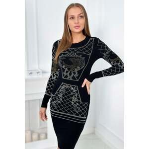 Knitted dress with gold and silver cubic zirconia pattern in black