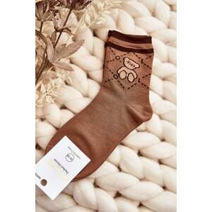 Brown patterned women's socks with teddy bear