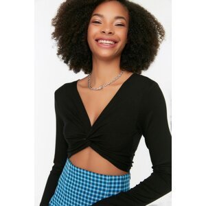 Trendyol Black Knot Detailed Fitted V-Neck Crop Stretchy Knitted Blouse