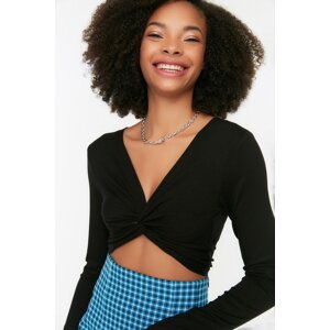 Trendyol Black Knot Detail Fitted V Neck Crop Elastic Knitted Blouse