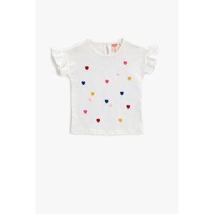 Koton Girls' Ecru T-Shirt with Ruffles Printed Cotton