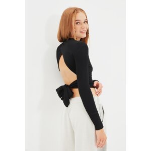 Trendyol Black Backless Tie Detailed Fitted Crew Neck Crop Ribbed Flexible Knitted Blouse