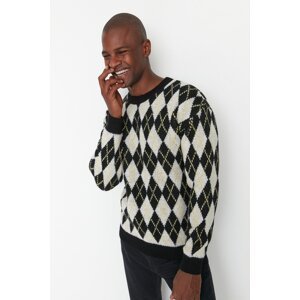 Trendyol Black Men's Regular Fit Crew Neck Checkered Knitwear Sweater