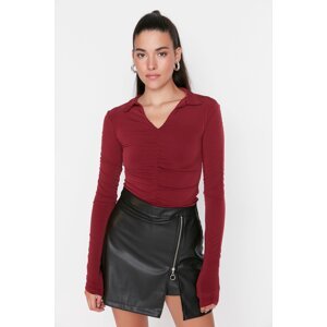 Trendyol Claret Red Slim Gathered Polo Neck Flexible Knitted Blouse