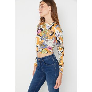 Trendyol Orange Printed Low-Cut Fitted/Slip-On Crop, Flexible Knitted Blouse