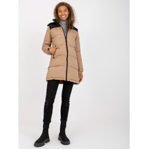 Winter camel and black quilted down jacket