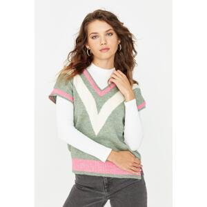 Trendyol Mint Color Block Pletený sveter s výstrihom do V