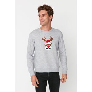Trendyol Gray Melange Men's Regular Fit Christmas Printed Thick Sweatshirt with a Soft Pillow interior