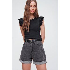 Trend Alaçatı Stili Women's Anthracite Double Leg High Waist Denim Shorts