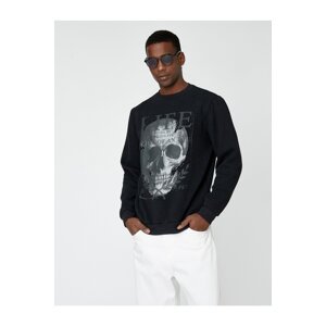 Koton Skull Printed Sweatshirt Ribbed Crew Neck
