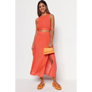 Trendyol Orange Woven Midi Skirt with Viscose Fabric and Geometric Pattern with a Slit Detail