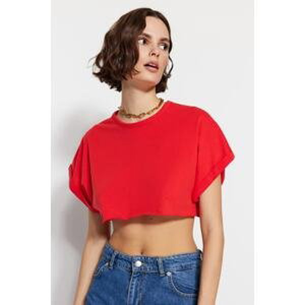 Trendyol Red 100% Cotton Super Crop Crew Neck Knitted T-Shirt