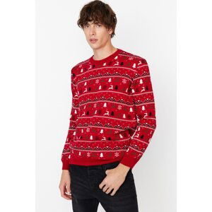 Trendyol Men's Red Regular Fit Crewneck Christmas Jacquard Knitwear Sweater