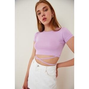 Happiness İstanbul Women's Light Lilac String Tied Crop Viscose Blouse