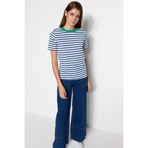 Trendyol Navy Blue Striped Basic Color Crewneck Knitted T-Shirt