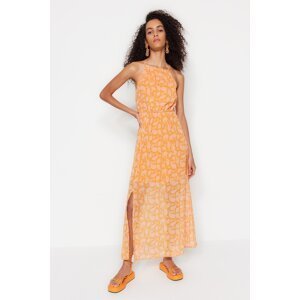 Trendyol oranžová A-line maxi tkané podšívky s rozparkom kvetinový vzor tkané šaty