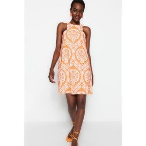 Trendyol oranžový rovný strih mini tkaný golier detailné kvetinové tkané šaty