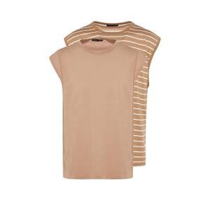Trendyol Pánske basic oversize/Wide-Fit Striped-Hladké tričko 100% bavlna 2-pack bez rukávov/tielko.