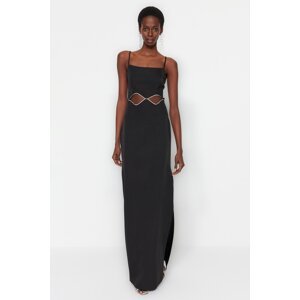 Trendyol Čierne tkané večerné šaty s oknom/vystrihnuté detailné večerné šaty