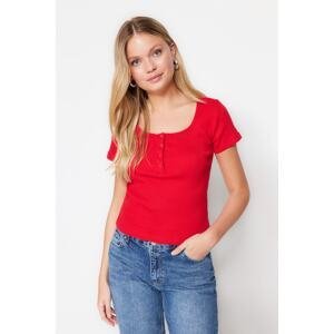 Trendyol Red Snap Detailed Fitted Pool Neck Ribbed Stretchy Knitted Blouse