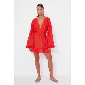 Trendyol červené mini tkané čipkované plážové šaty, 100% bavlna