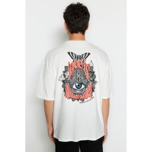 Trendyol Ecru pánske oversize/široké tričko Mystic s potlačou 100% bavlny