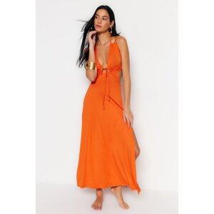 Trendyol oranžové maxi pletené plážové šaty bez chrbta