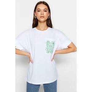Trendyol White 100% Cotton Embroidered Pocket Detailed Relaxed/Wide Comfortable Cut Crew Neck T-Shirt