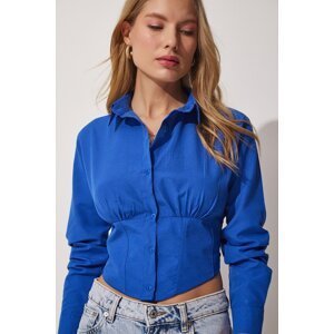 Happiness İstanbul Women's Blue Cuff Poplin Crop Shirt