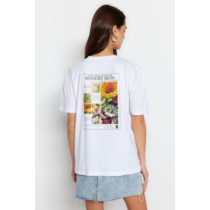 Trendyol Ecru Printed on the Front and Back Relaxed/Wide, Comfortable Cut Knitted T-Shirt