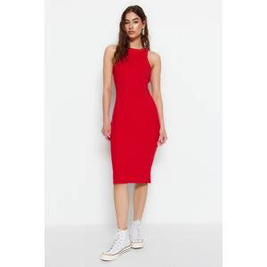Trendyol červená udržateľnejšie vypasované mini pletené šaty s ohlávkovým výstrihom