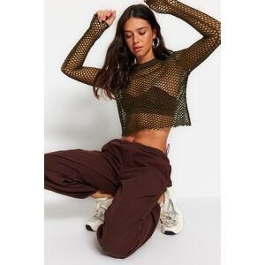 Trendyol Khaki Mesh, Relaxed Cut, Crew Neck Crop, Knitted Blouse